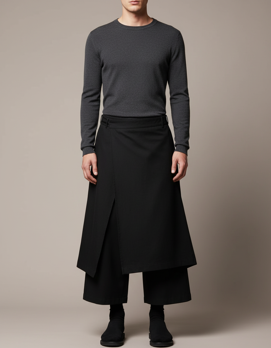 Pantalon Noir Jupe-culotte Superposée Ample Décontracté Homme - Polyester