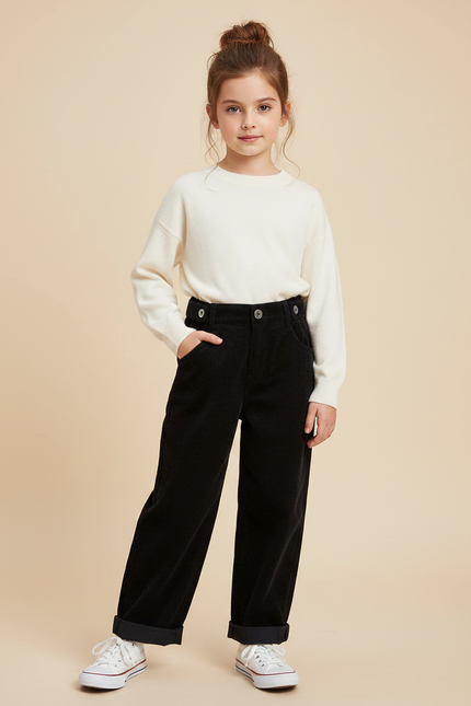 Pantalon Noir Côtelé Ample Décontracté Enfant Coton - Cordé