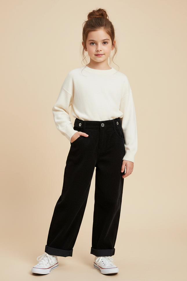 Pantalon Noir Côtelé Ample Décontracté Enfant Coton - Cordé