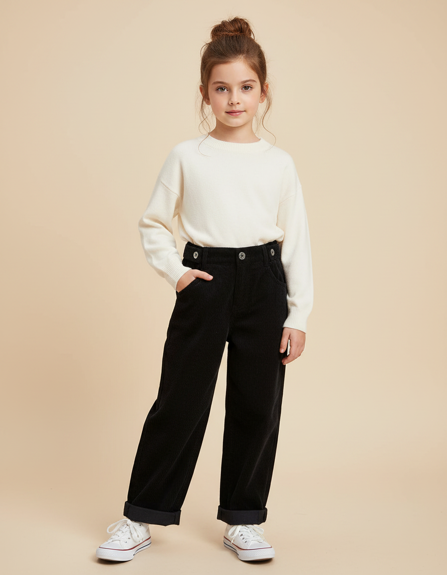 Pantalon Noir Côtelé Ample Décontracté Enfant Coton - Cordé