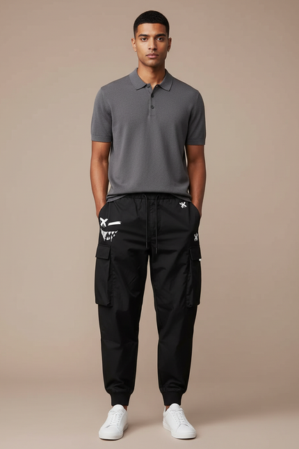 Pantalon Noir Cargo Homme, Graphiques Blancs, Confortable, Sportif - Polyester