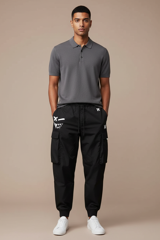 Pantalon Noir Cargo Homme, Graphiques Blancs, Confortable, Sportif - Polyester