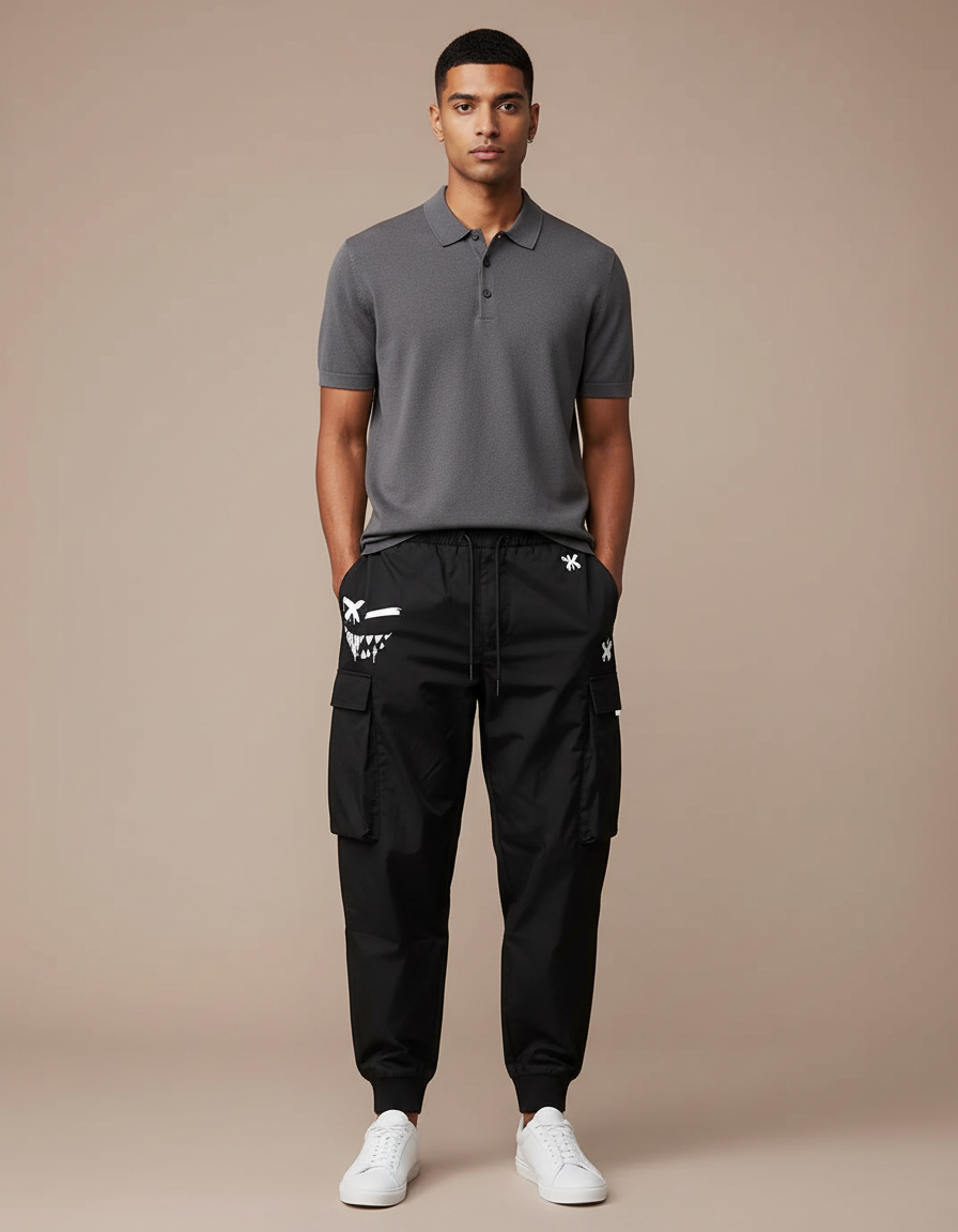 Pantalon Noir Cargo Homme, Graphiques Blancs, Confortable, Sportif - Polyester