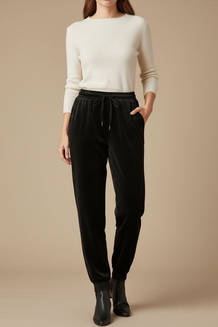 Pantalon Noir Velours Côtelé Taille Haute Ample Femme - Cordé