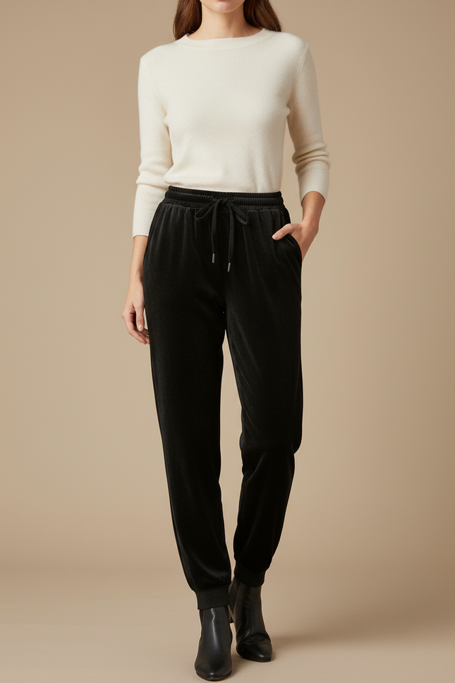 Pantalon Noir Velours Côtelé Taille Haute Ample Femme - Cordé