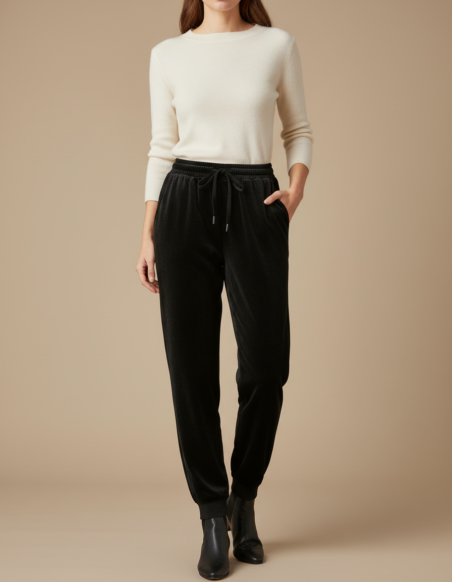 Pantalon Noir Velours Côtelé Taille Haute Ample Femme - Cordé