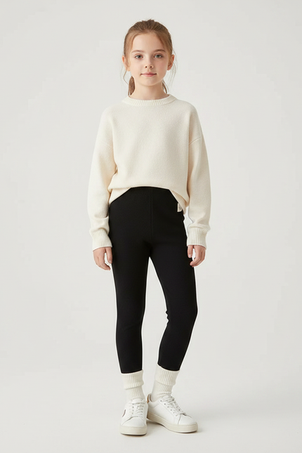 Pantalon Noir Côtelé Épais Fille - Maille