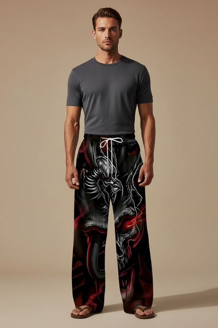 Pantalon Noir Imprimé Dragon Ample Décontracté Homme - Polyester