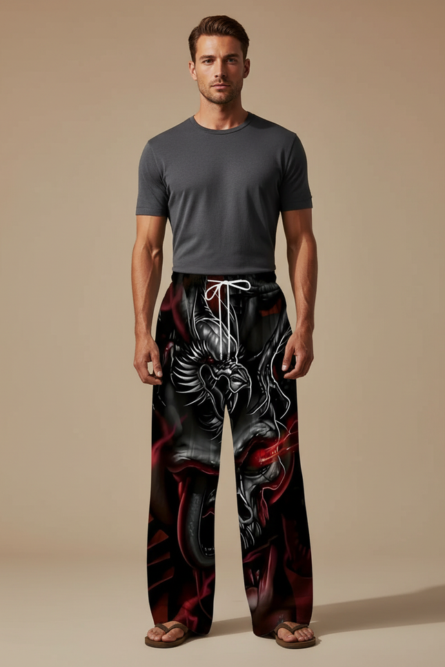 Pantalon Noir Imprimé Dragon Ample Décontracté Homme - Polyester