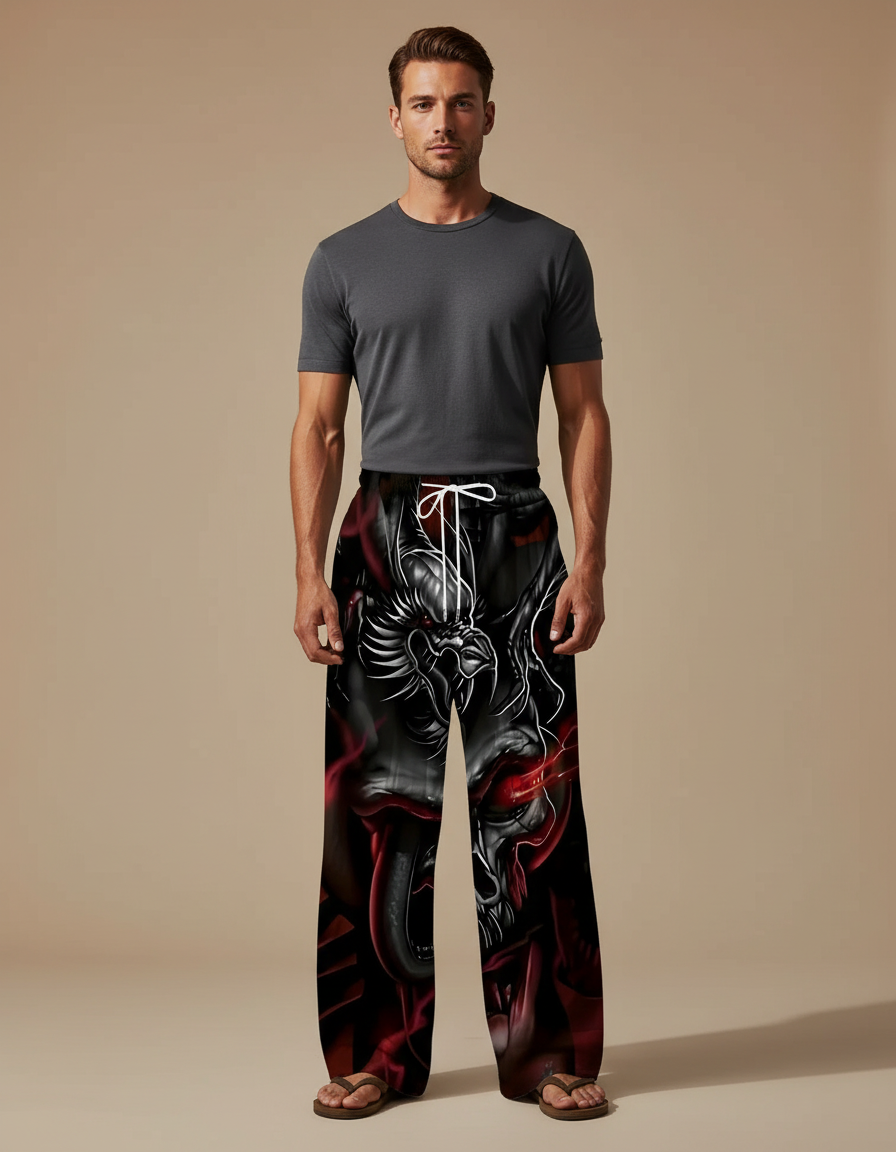 Pantalon Noir Imprimé Dragon Ample Décontracté Homme - Polyester