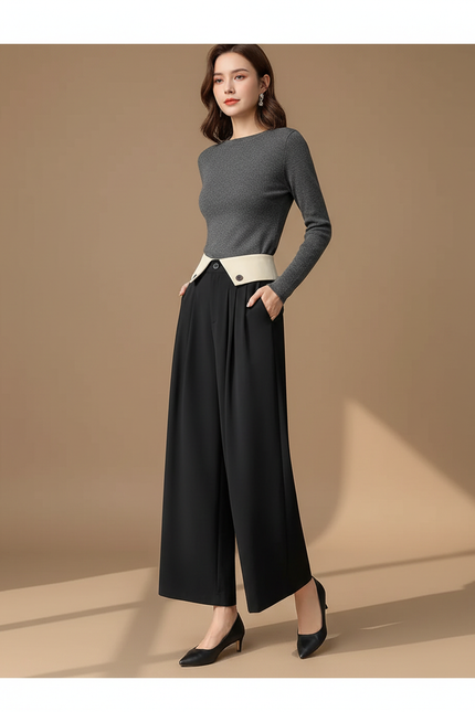 Pantalon Noir Fluide Taille Haute Large Élégant - Polyester
