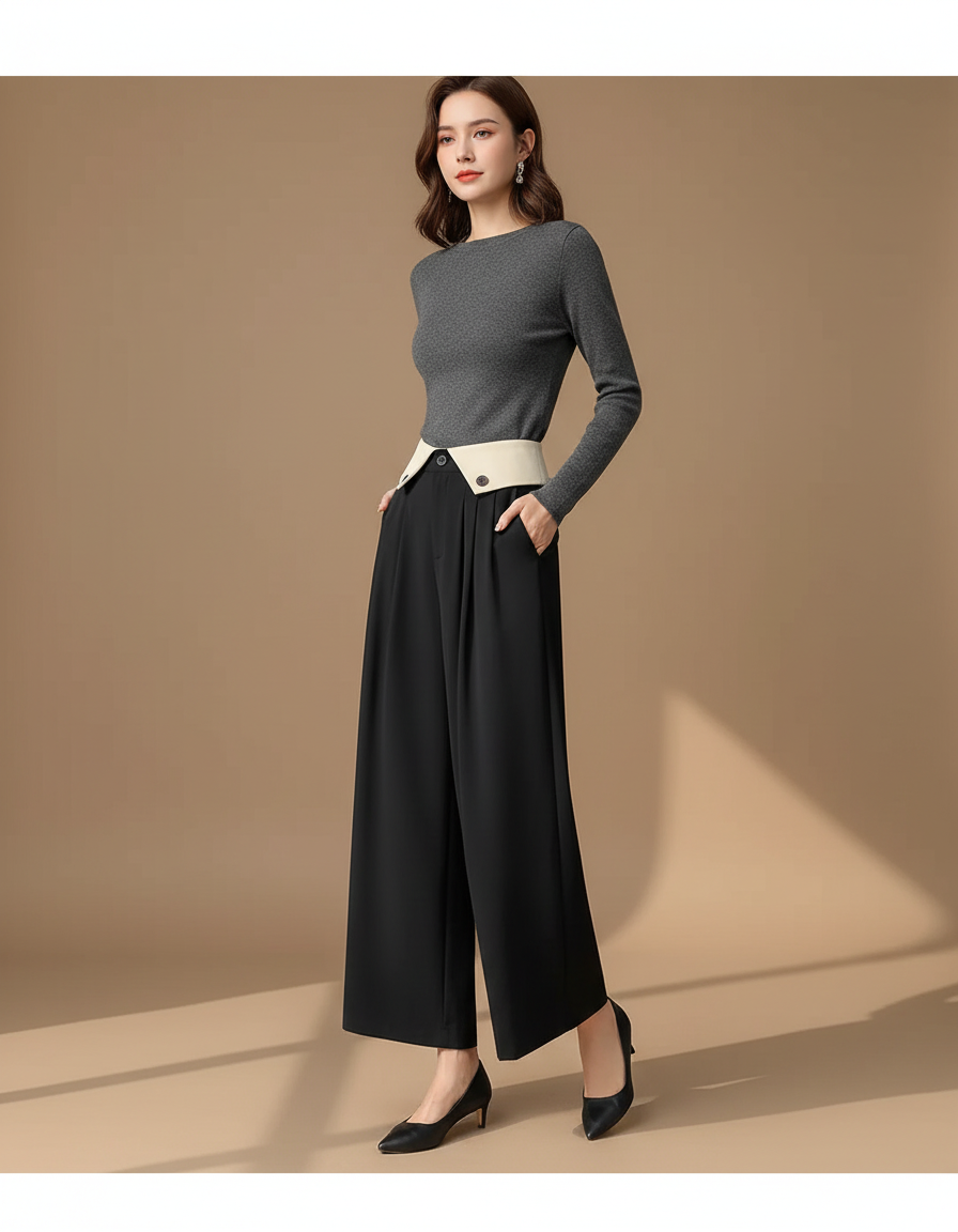 Pantalon Noir Fluide Taille Haute Large Élégant - Polyester