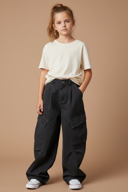 Pantalon Noir Cargo Ample Taille Haute Fille - Toile