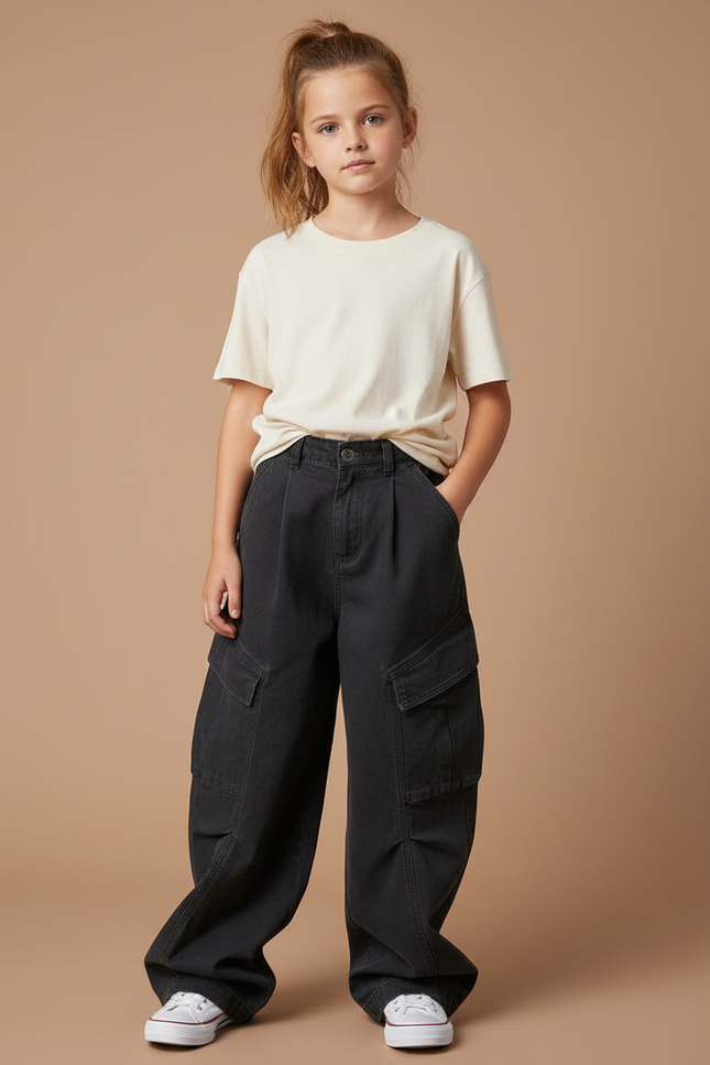Pantalon Noir Cargo Ample Taille Haute Fille - Toile
