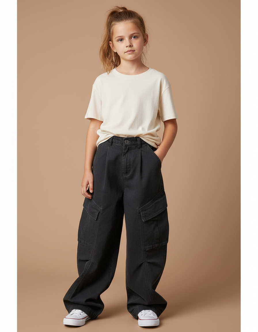Pantalon Noir Cargo Ample Taille Haute Fille - Toile