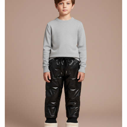 Pantalon Noir Matelassé Brillant Chaud Hiver Enfant - Simili cuir