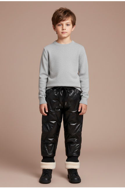 Pantalon Noir Matelassé Brillant Chaud Hiver Enfant - Simili cuir