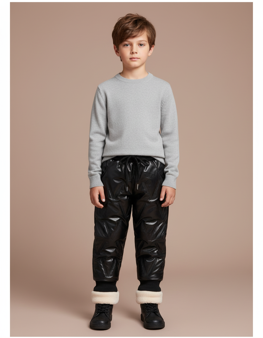 Pantalon Noir Matelassé Brillant Chaud Hiver Enfant - Simili cuir
