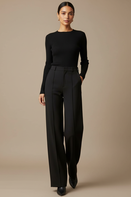 Pantalon Noir Large Pinces Fluide Élégant Femme - Polyester