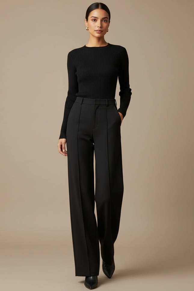 Pantalon Noir Large Pinces Fluide Élégant Femme - Polyester