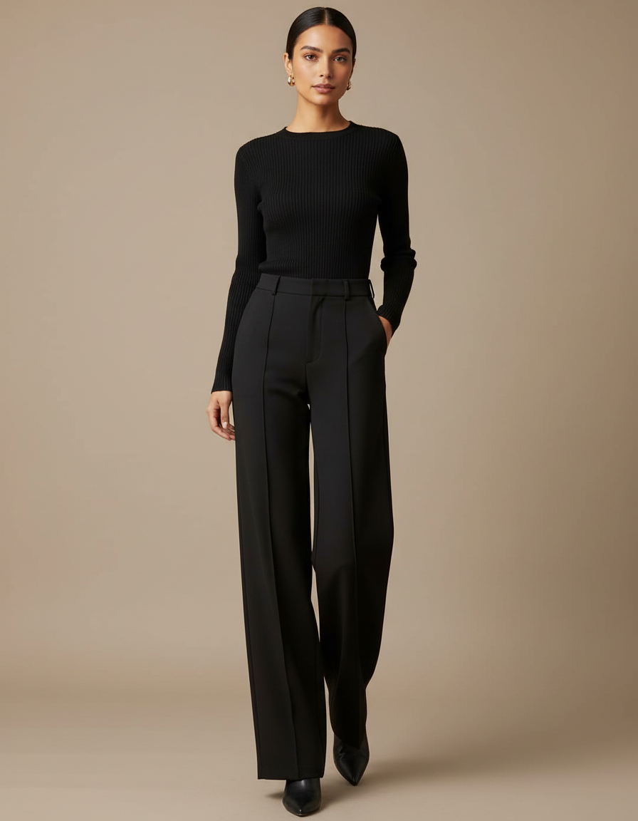 Pantalon Noir Large Pinces Fluide Élégant Femme - Polyester