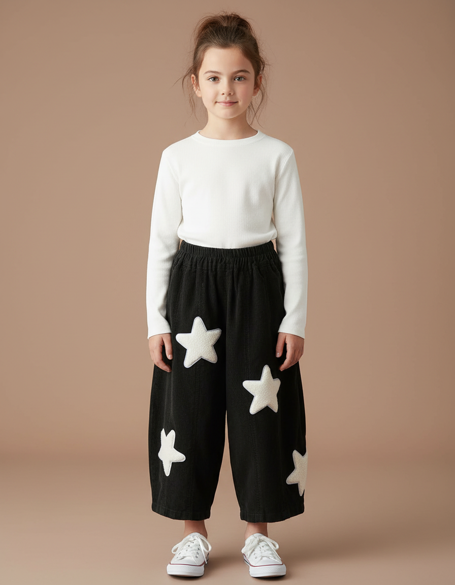 Pantalon Noir Ample Étoiles Coton Enfant - Cordé