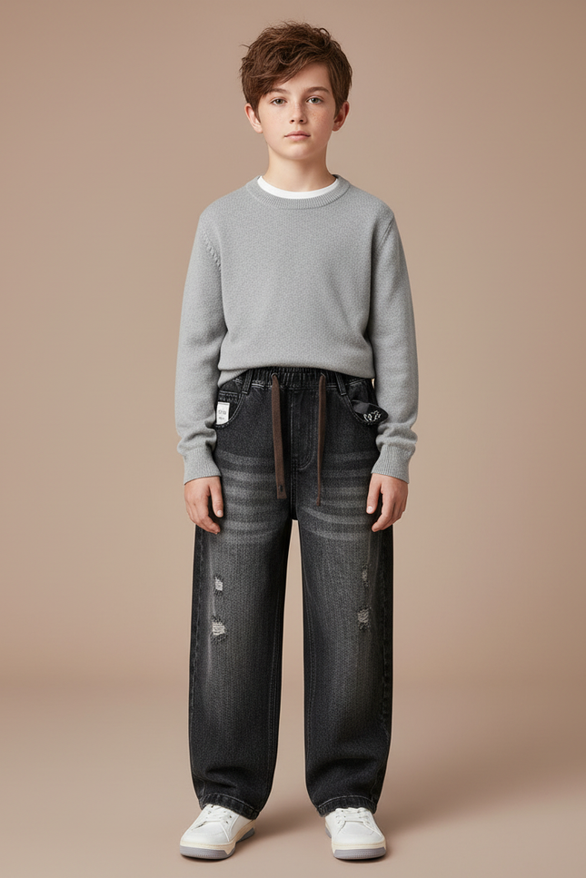 Pantalon Noir Ample Déchiré Garçon Décontracté - Jean