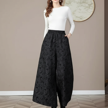 Pantalon Noir Ample Jacquard Rétro Élégant Femme - Maille