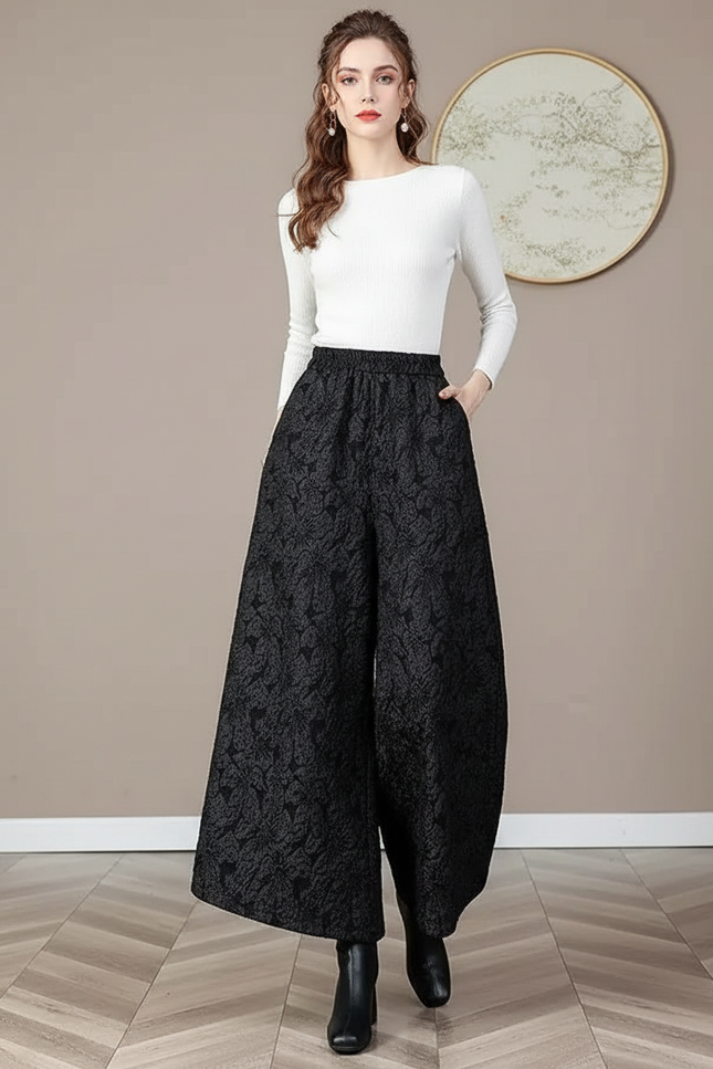 Pantalon Noir Ample Jacquard Rétro Élégant Femme - Maille