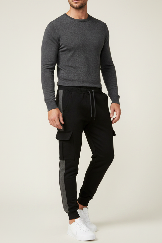 Pantalon Noir Cargo Jogging Sportif Rayure Grise - Molleton