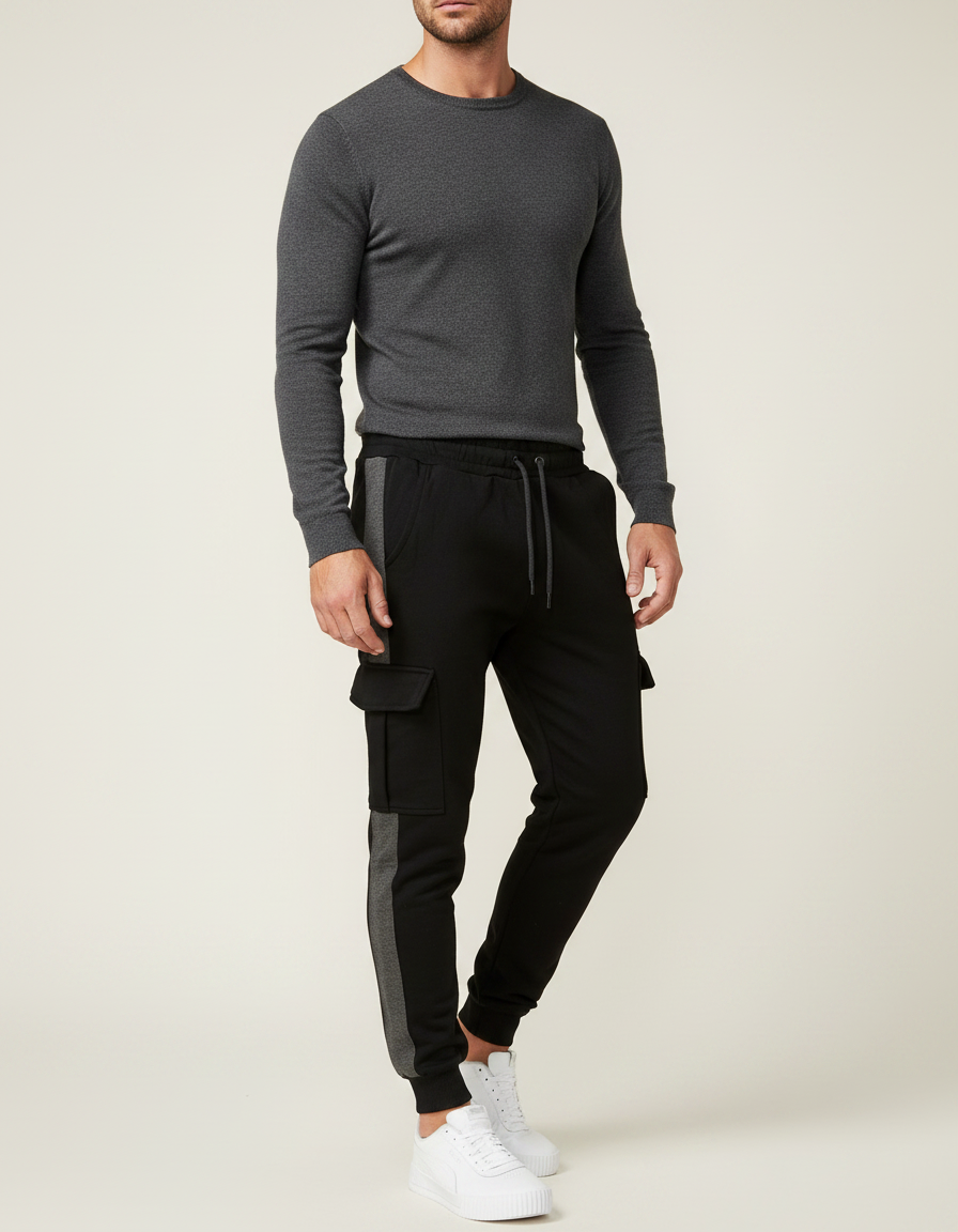 Pantalon Noir Cargo Jogging Sportif Rayure Grise - Molleton
