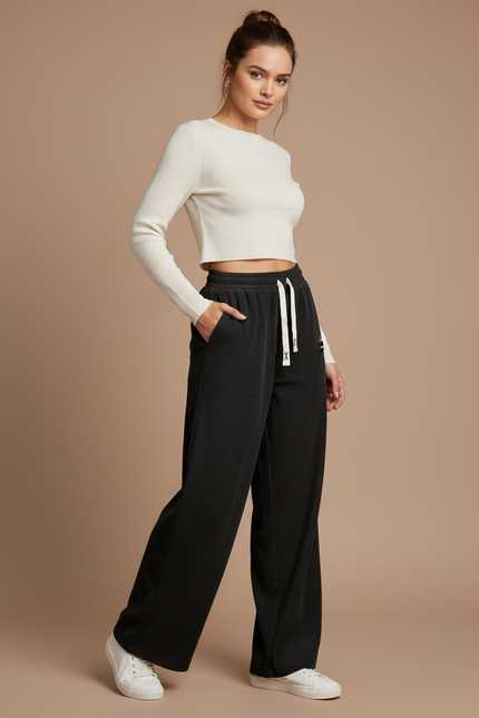 Pantalon Noir Côtelé Ample Décontracté Confortable Cordon - Cordé
