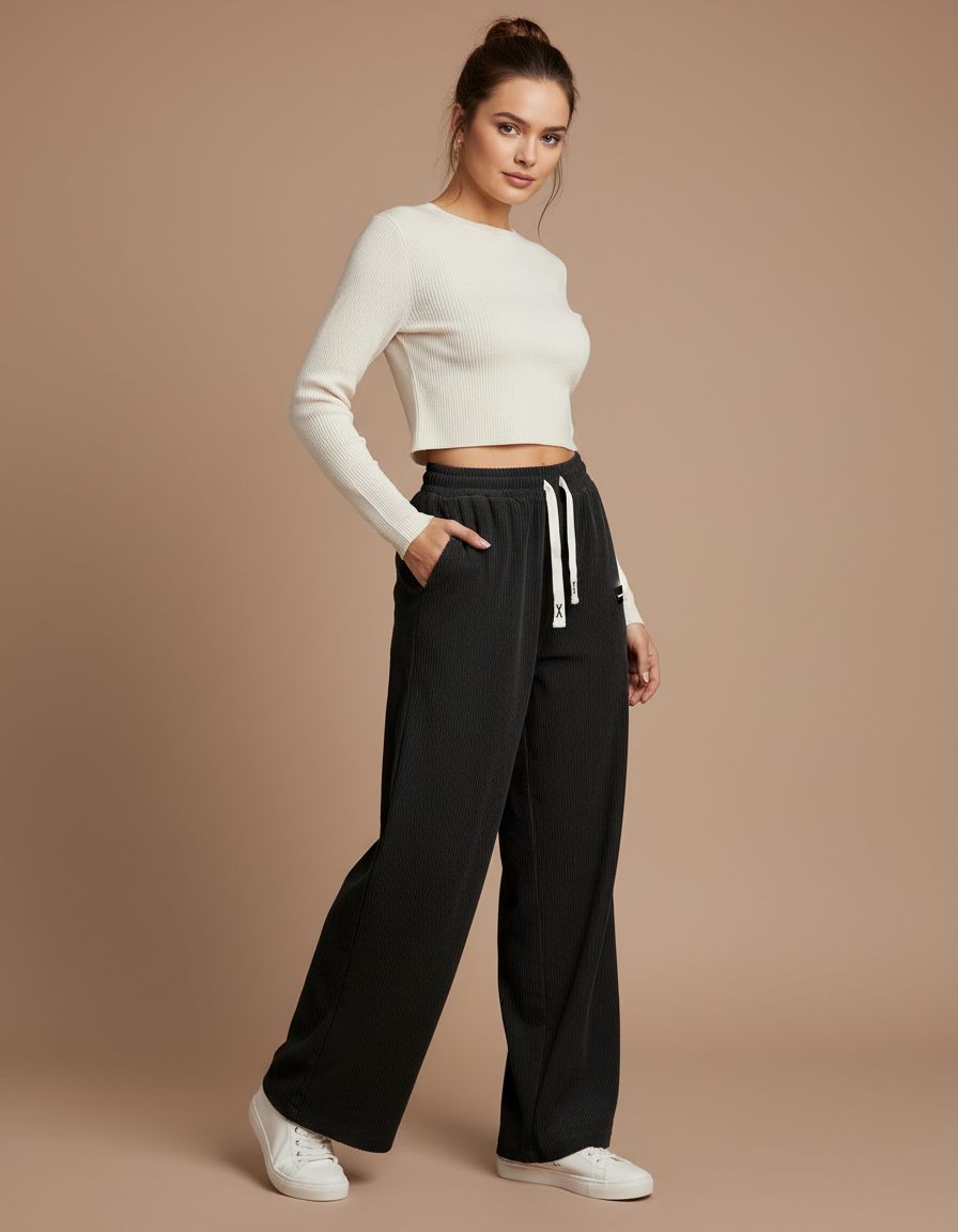 Pantalon Noir Côtelé Ample Décontracté Confortable Cordon - Cordé