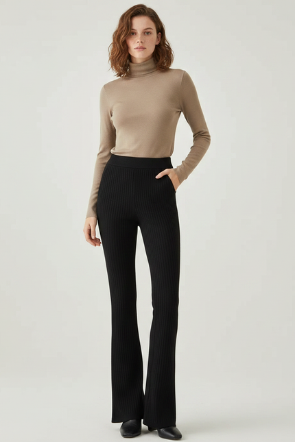 Pantalon Noir Côtelé Évasé Taille Haute Fluide - Maille