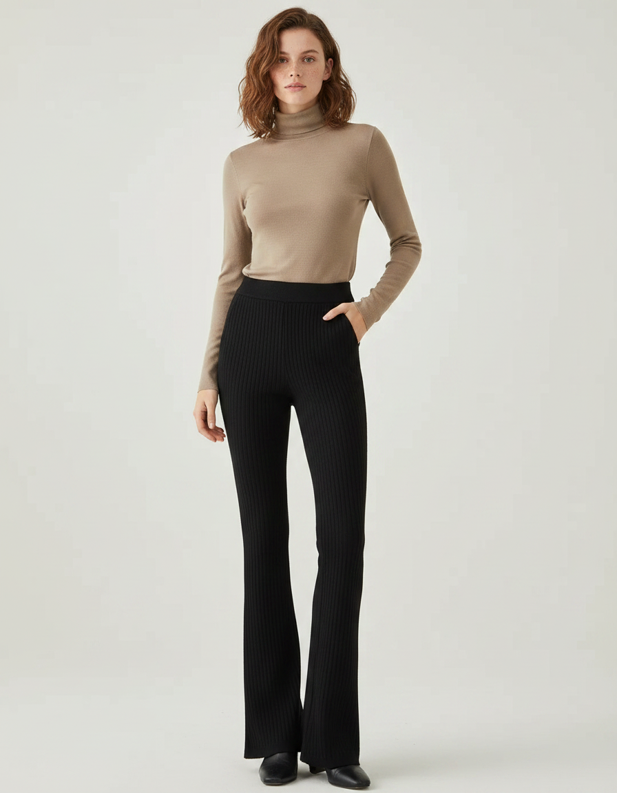 Pantalon Noir Côtelé Évasé Taille Haute Fluide - Maille