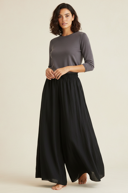 Pantalon Noir Ample Fluide Coton Lin Femme