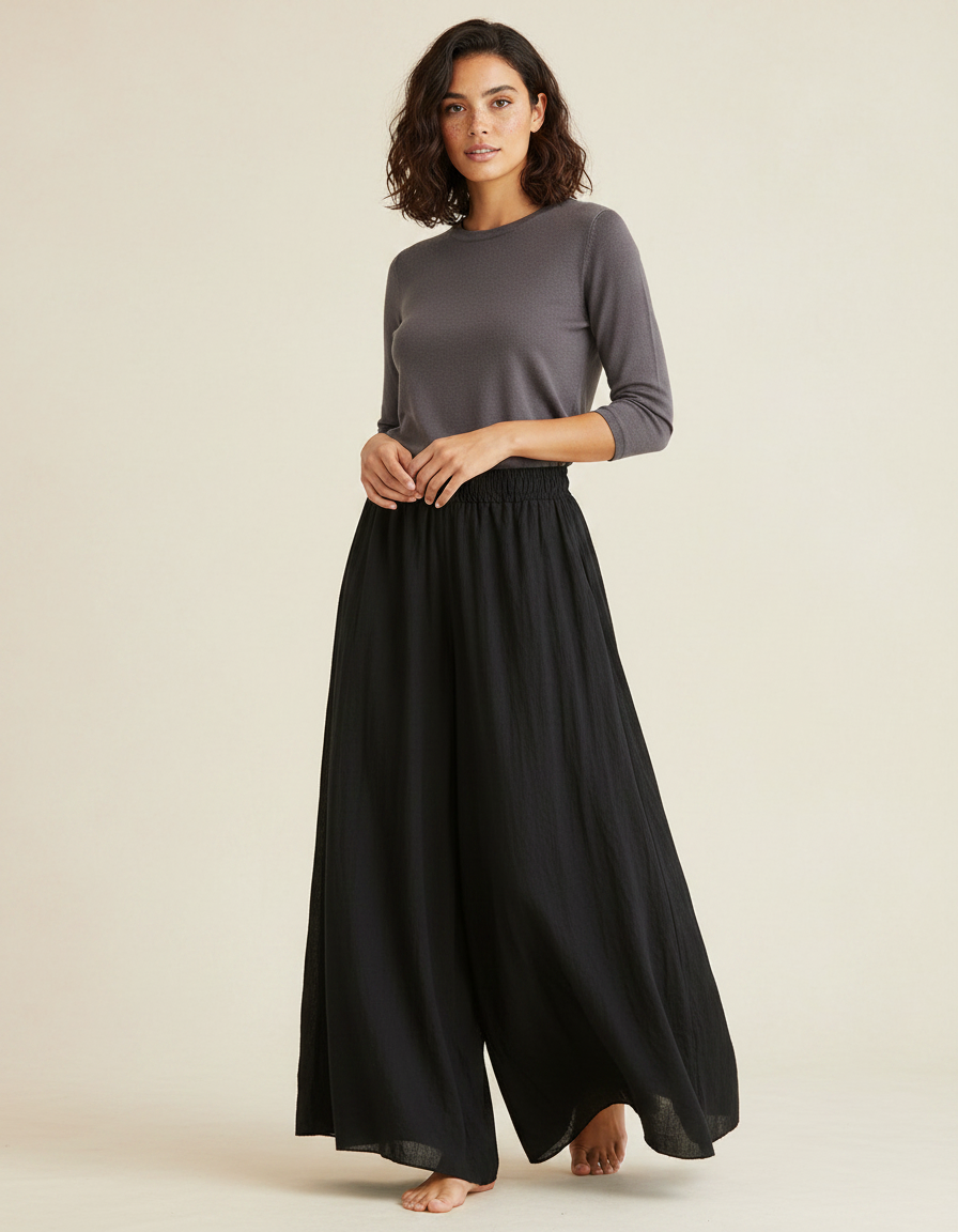 Pantalon Noir Ample Fluide Coton Lin Femme