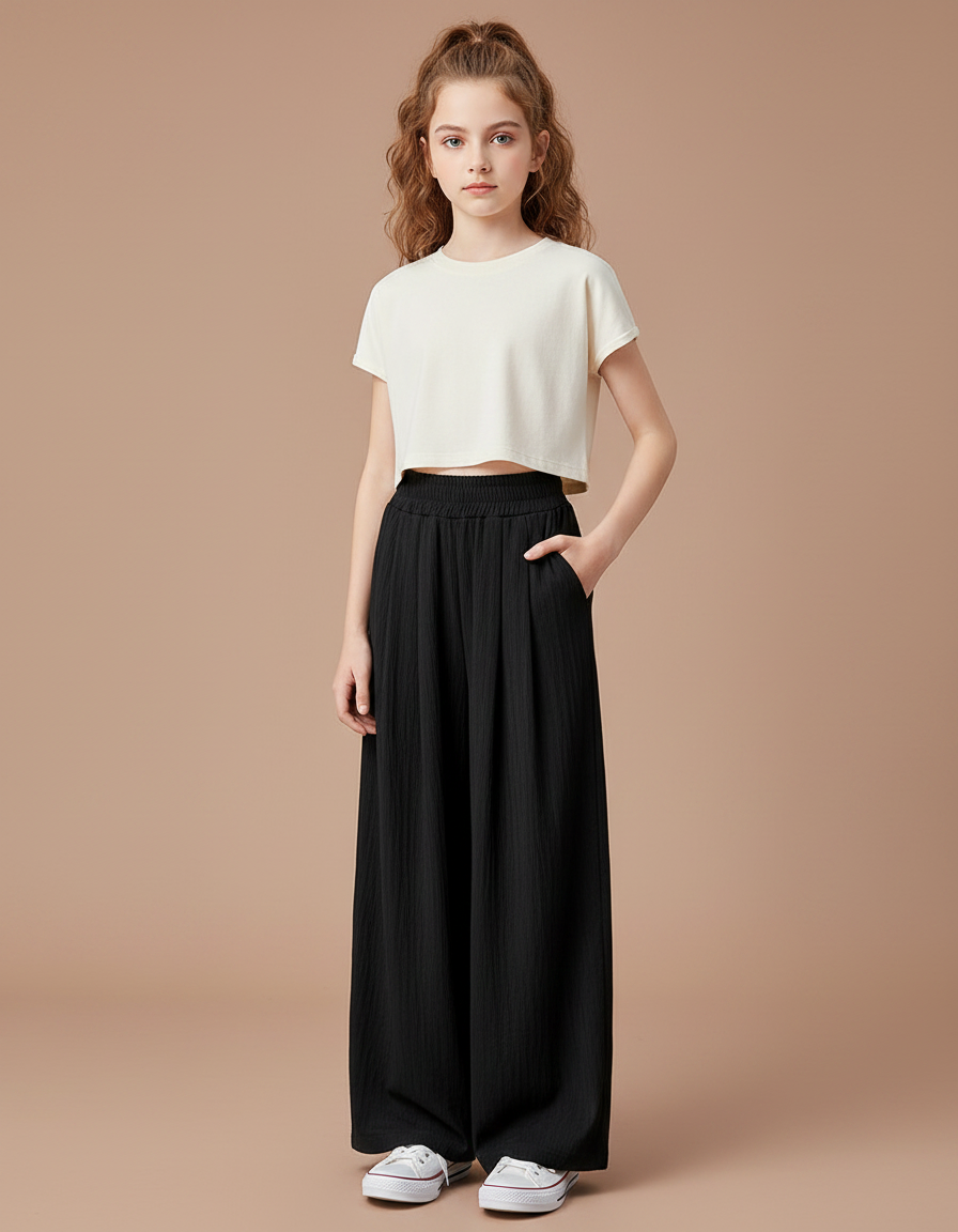 Pantalon Noir Ample Fluide Décontracté Enfant - Viscose