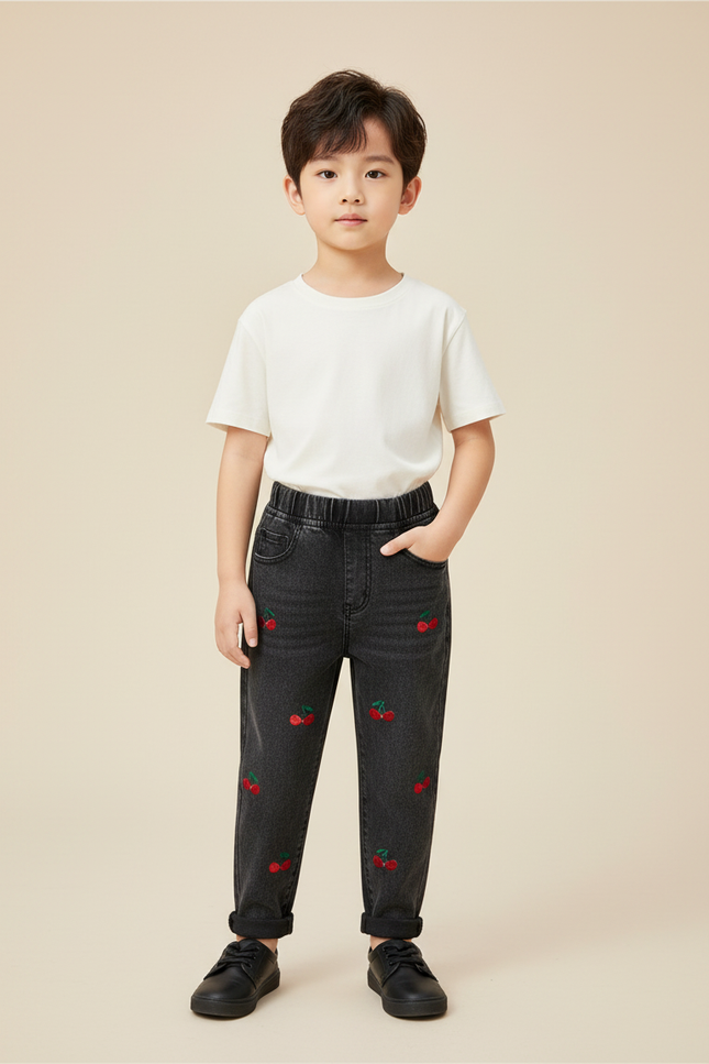 Pantalon Noir Enfant Brodé Cerises Taille Élastique - Jean