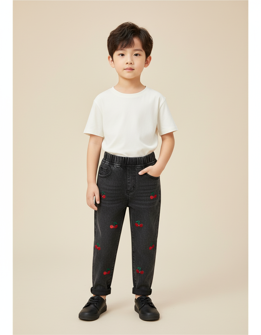 Pantalon Noir Enfant Brodé Cerises Taille Élastique - Jean
