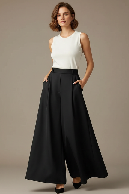 Pantalon Noir Évasé Fluide Taille Haute Élégant - Polyester