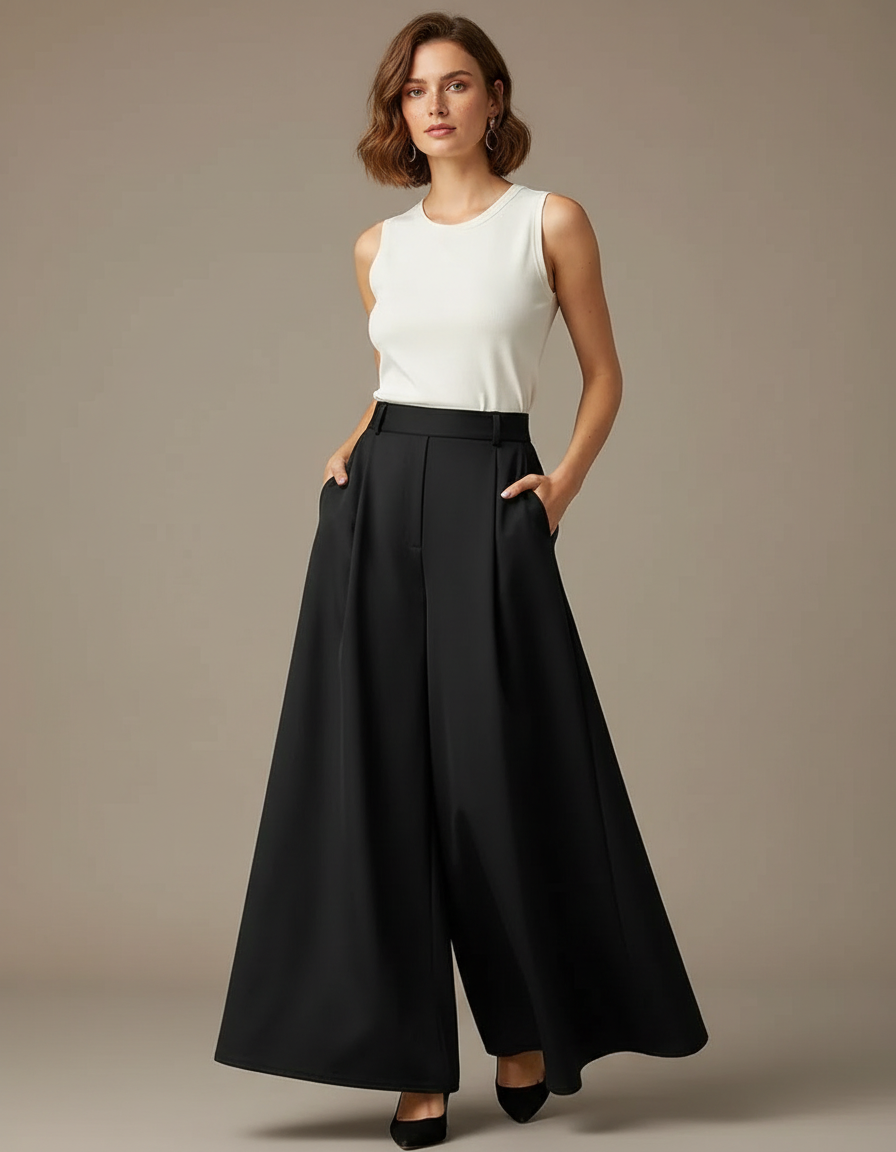 Pantalon Noir Évasé Fluide Taille Haute Élégant - Polyester