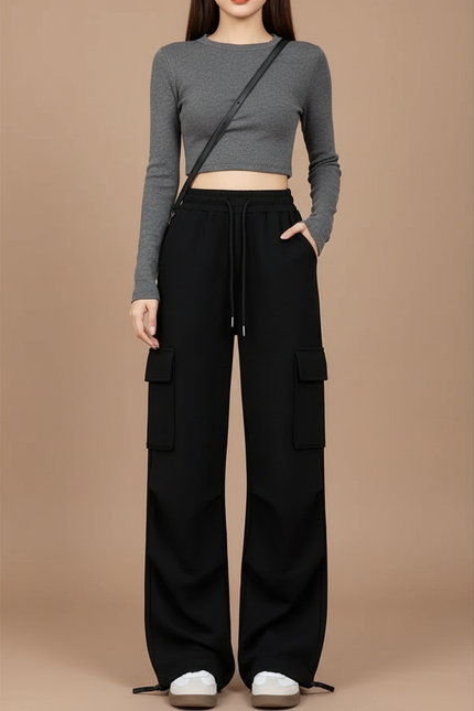 Pantalon Noir Cargo Ample Cordon Streetwear Décontracté - Molleton