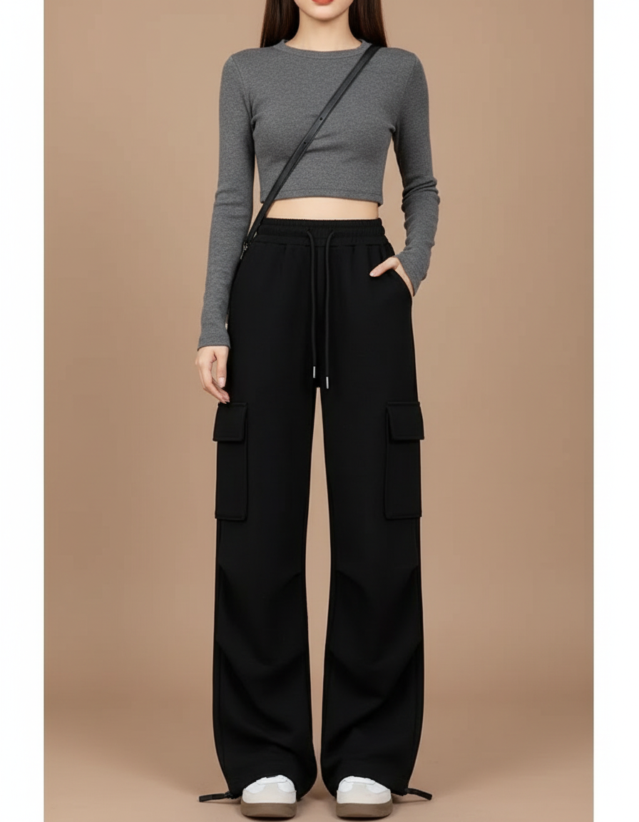Pantalon Noir Cargo Ample Cordon Streetwear Décontracté - Molleton