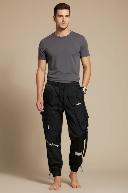 Pantalon Noir Cargo Jogger Multi-Poches Décontracté Homme - Polyester