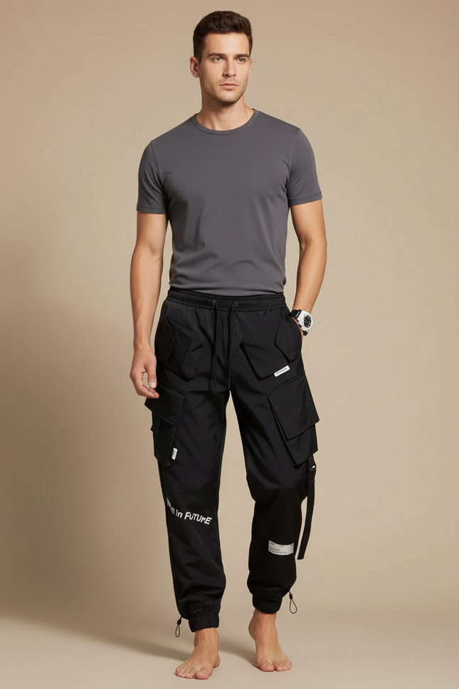 Pantalon Noir Cargo Jogger Multi-Poches Décontracté Homme - Polyester