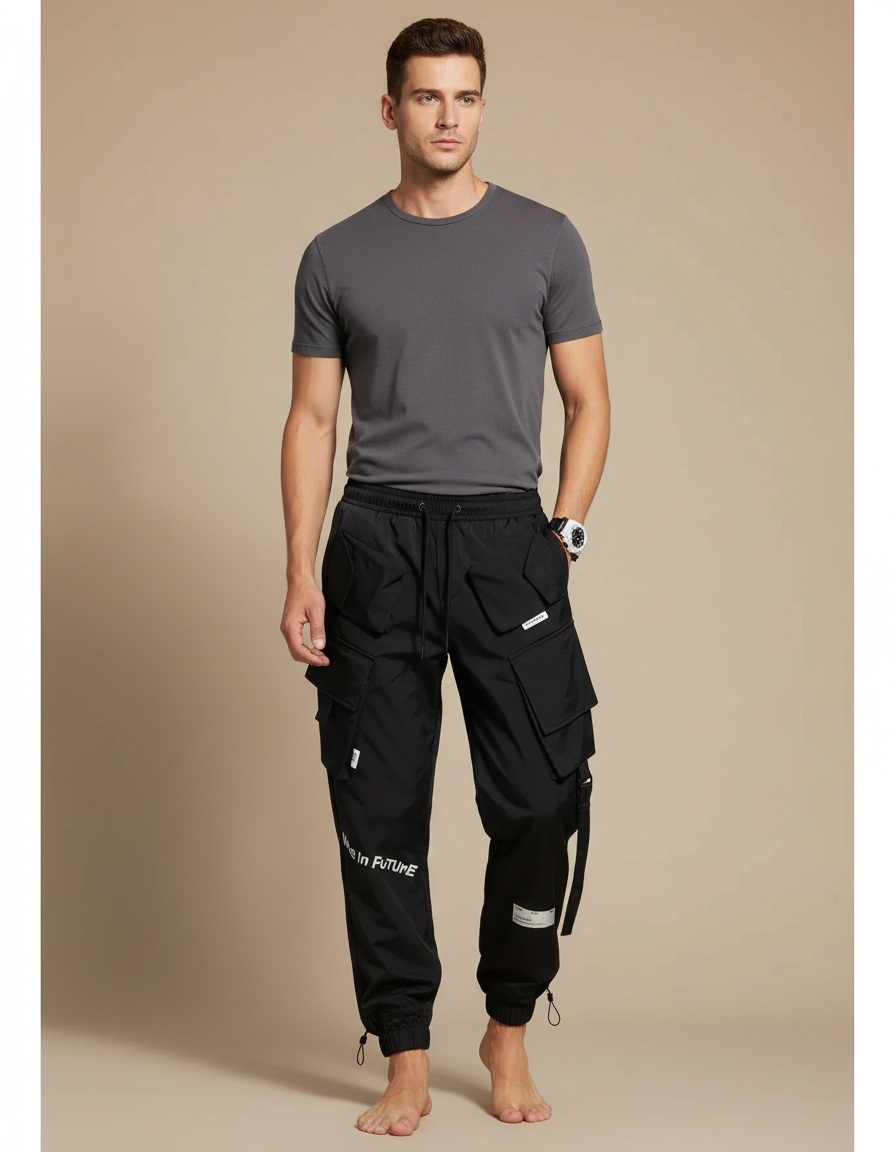 Pantalon Noir Cargo Jogger Multi-Poches Décontracté Homme - Polyester