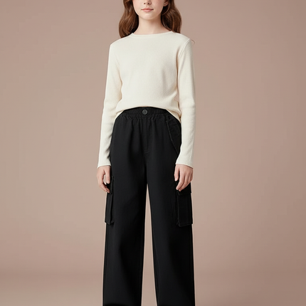 Pantalon Noir Cargo Fille Ample Décontracté Poches - Toile