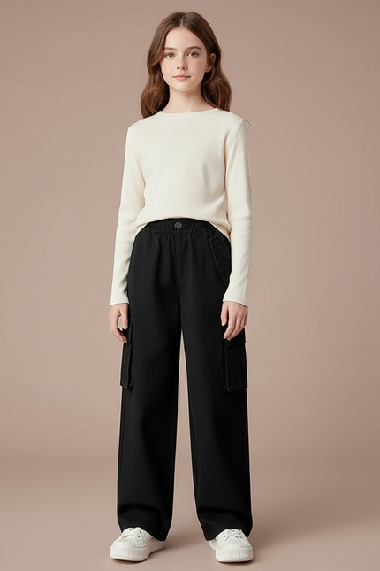 Pantalon Noir Cargo Fille Ample Décontracté Poches - Toile