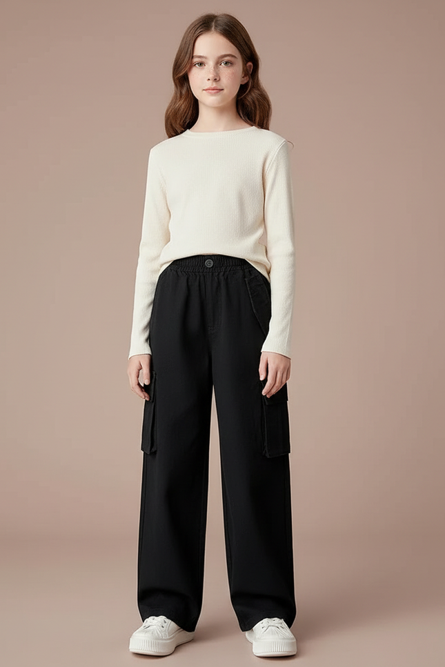 Pantalon Noir Cargo Fille Ample Décontracté Poches - Toile